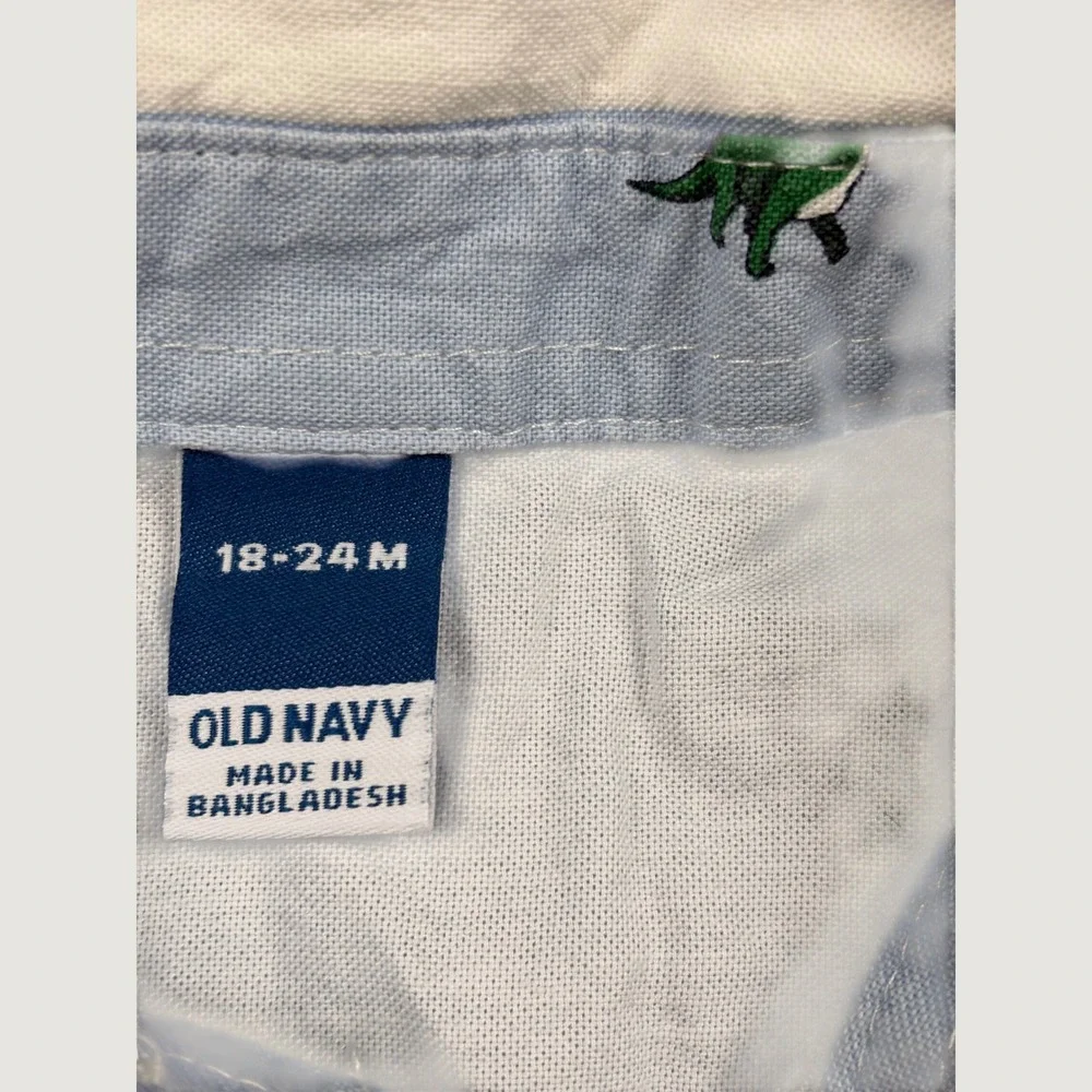 Old Navy Toddler Boys Blue White Striped Dinosaur Embroidered Button Down Shirt